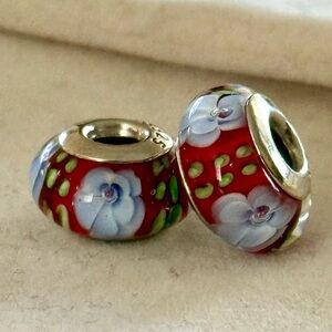 Red and blue Flowers Murano Charm fit Pandora bracelets